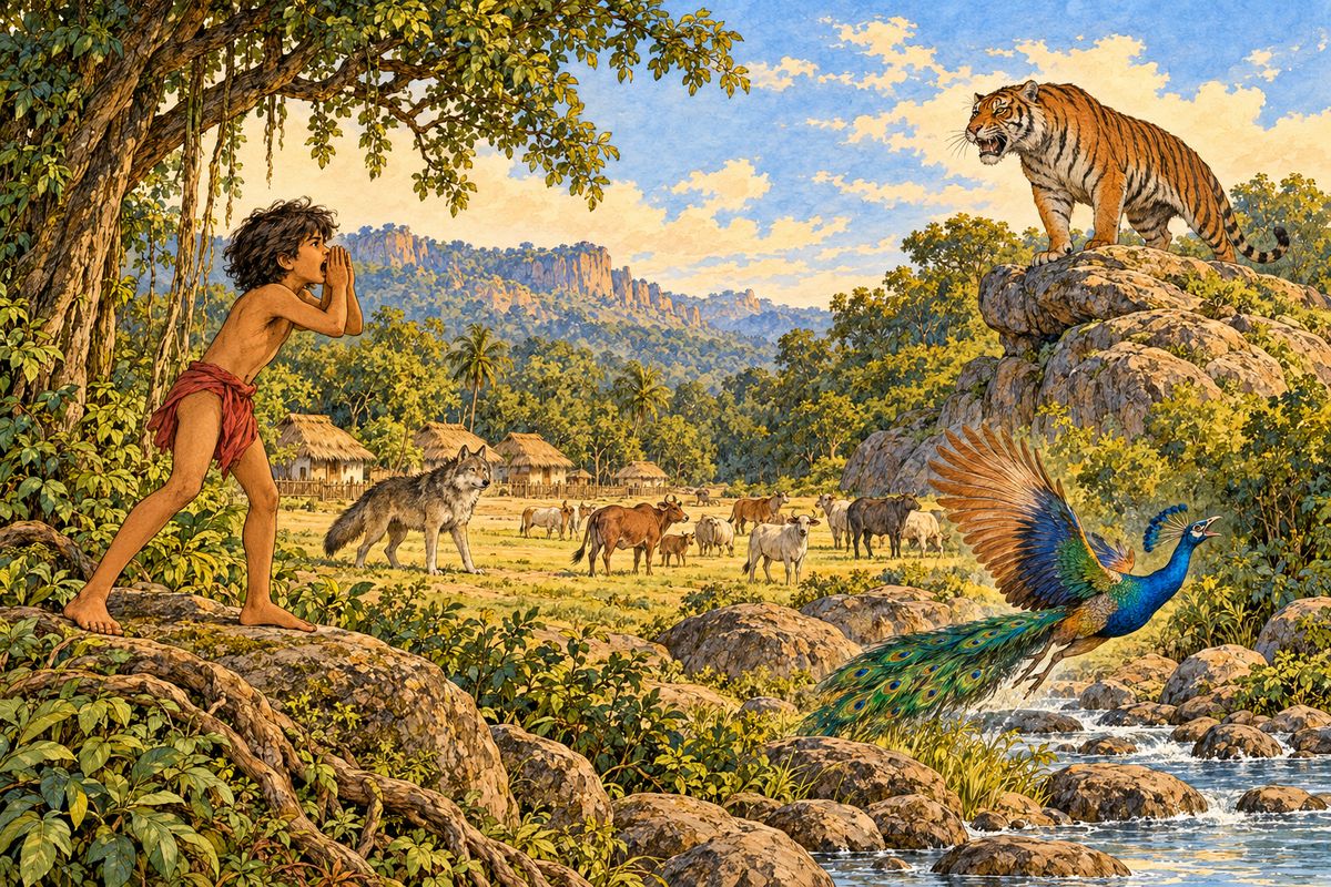 He put his hands to his mouth and shouted down the ravine—it was almost like shouting down a tunnel—and the echoes jumped from rock to rock. “Who calls?” said Shere Khan, and a splendid peacock fluttered up out of the ravine screeching.