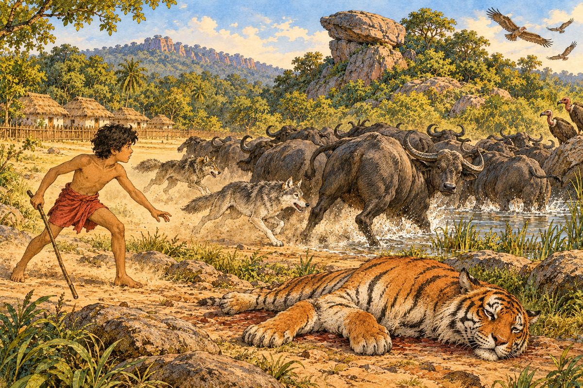 Akela and Gray Brother ran to and fro nipping the buffaloes’ legs, and though the herd wheeled once to charge up the ravine again, Mowgli managed to turn Rama, and the others followed him to the wallows. Shere Khan needed no more trampling.