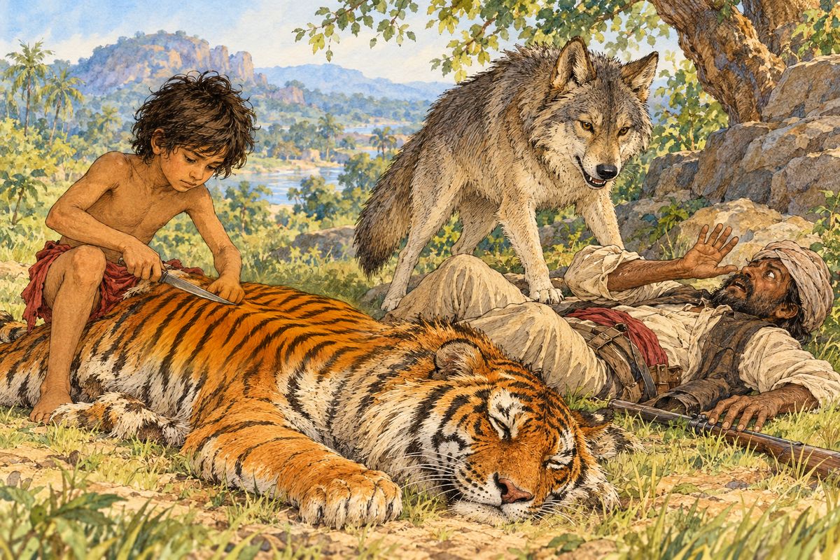 Buldeo, who was still stooping over Shere Khan’s head, found himself sprawling on the grass, with a gray wolf standing over him, while Mowgli went on skinning as though he were alone in all India. “Ye-es,” he said, between his teeth.