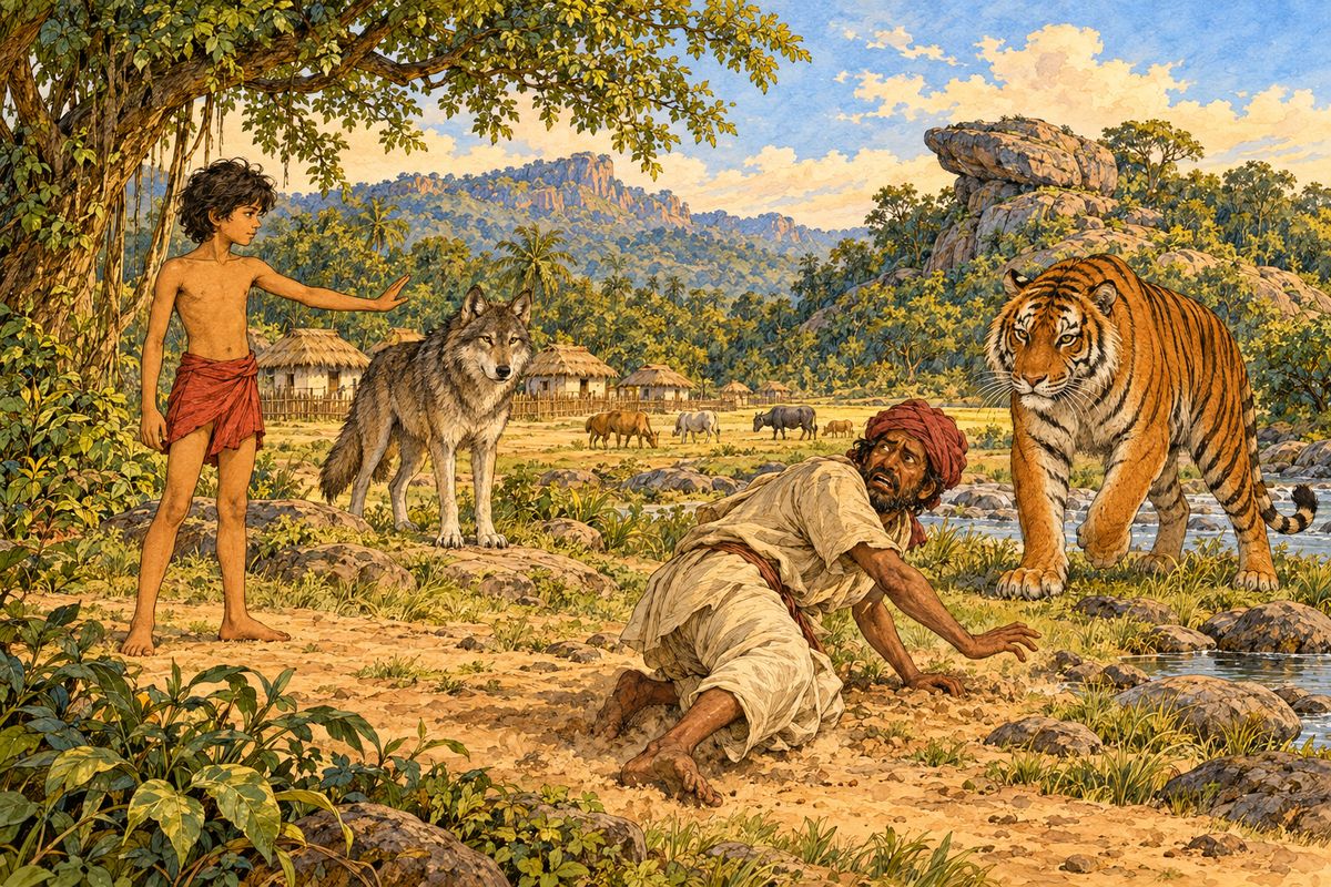 “I am an old man. I did not know that thou wast anything more than a herdsboy. May I rise up and go away, or will thy servant tear me to pieces?” “Go, and peace go with thee. Only, another time do not meddle with my game. Let him go, Akela.” Buldeo hobbled away to the village as fast as he could, looking back over his shoulder in case Mowgli should change