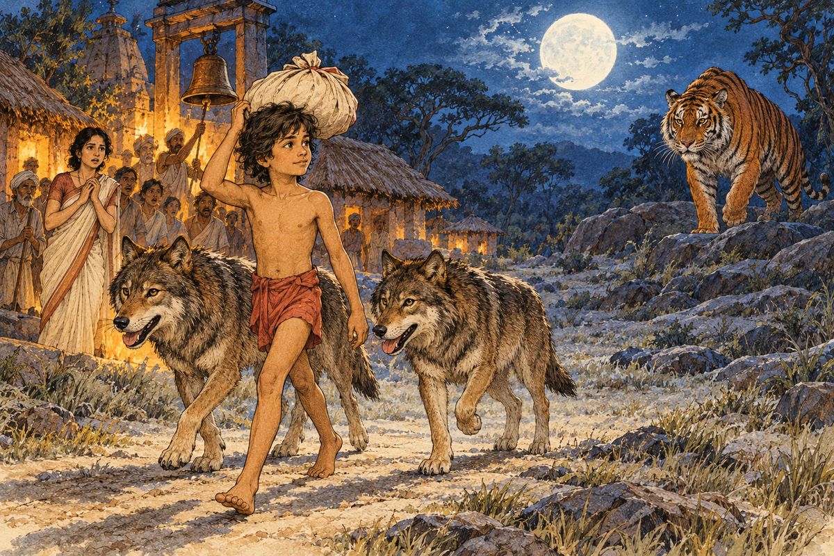 When the moon rose over the plain the villagers saw Mowgli trotting across, with two wolves at his heels When the moon rose over the plain, making it look all milky, the horrified villagers saw Mowgli, with two wolves at his heels and a bundle on his head, trotting across at the…