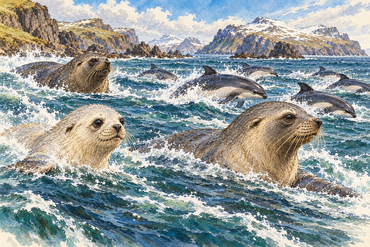 Ten fathoms deep “In a little time,” she said, “you’ll know where to swim to, but just now we’ll follow Sea Pig, the Porpoise, for he is very wise.” A school of porpoises were ducking and tearing through the water, and little Kotick followed them as fast as he could.