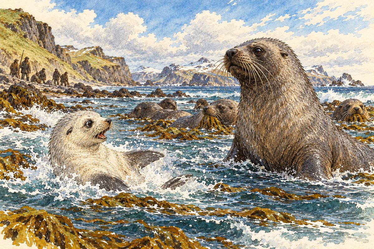“Well!” said Kotick. “You’re the only people I’ve ever met uglier than Sea Vitch—and with worse manners.” Then he remembered in a flash what the Burgomaster gull had screamed to him when he was a little yearling at Walrus Islet, and he tumbled backward in the water, for he knew that he had found Sea Cow at last. The sea cows went on schlooping and grazing