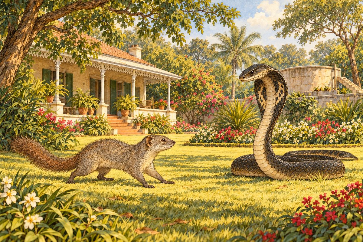 “Now,” said the big man (he was an Englishman who had just moved into the bungalow), “don’t frighten him, and we’ll see what he’ll do.” It is the hardest thing in the world to frighten a mongoose, because he is eaten up from nose to tail with curiosity.