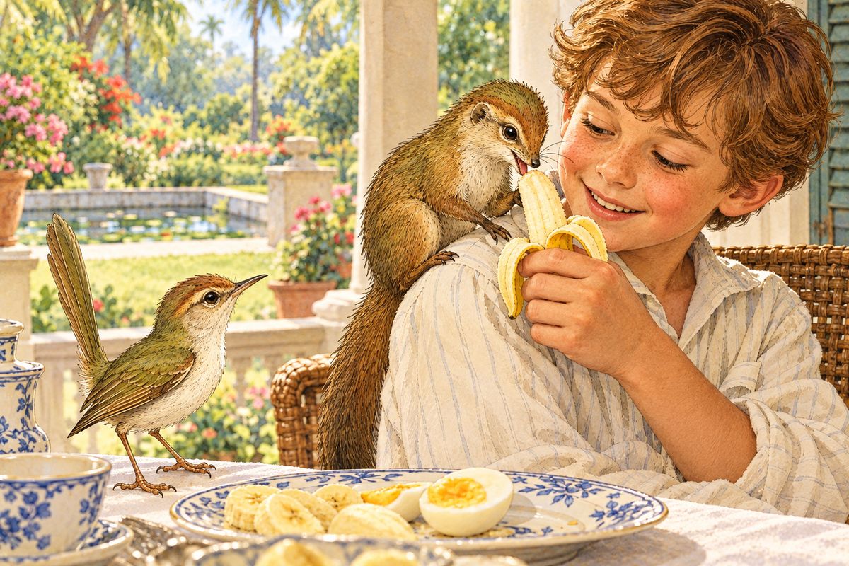 But Teddy’s mother wouldn’t think of anything so awful. Early in the morning Rikki-tikki came to early breakfast in the veranda riding on Teddy’s shoulder, and they gave him banana and some boiled egg.