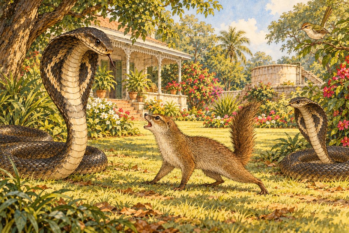 “Well,” said Rikki-tikki, and his tail began to fluff up again, “marks or no marks, do you think it is right for you to eat fledglings out of a nest?” Nag was thinking to himself, and watching the least little movement in the grass behind Rikki-tikki.