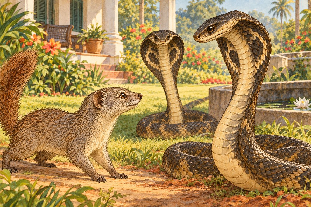 “But are you sure that there is anything to be gained by killing the people?” said Nag. “Everything. When there were no people in the bungalow, did we have any mongoose in the garden? So long as the bungalow is empty, we are king and queen of the garden; and remember that as soon as our eggs in the melon bed hatch (as they may tomorrow), our children will