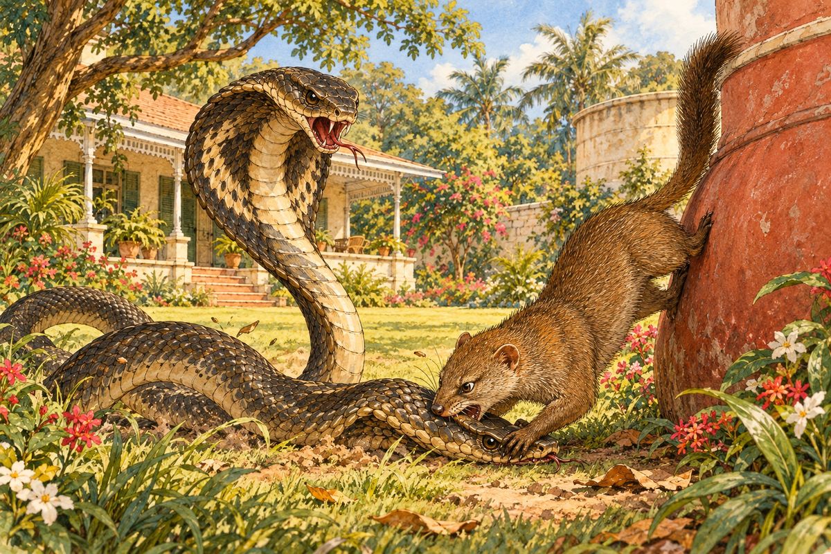 Then Rikki-tikki was battered to and fro as a rat is shaken by a dog. Then he jumped. The head was lying a little clear of the water jar, under the curve of it; and, as his teeth met, Rikki braced his back against the bulge of the red earthenware to hold down the head. This gave him just one second’s purchase, and he made the most of it. Then he was