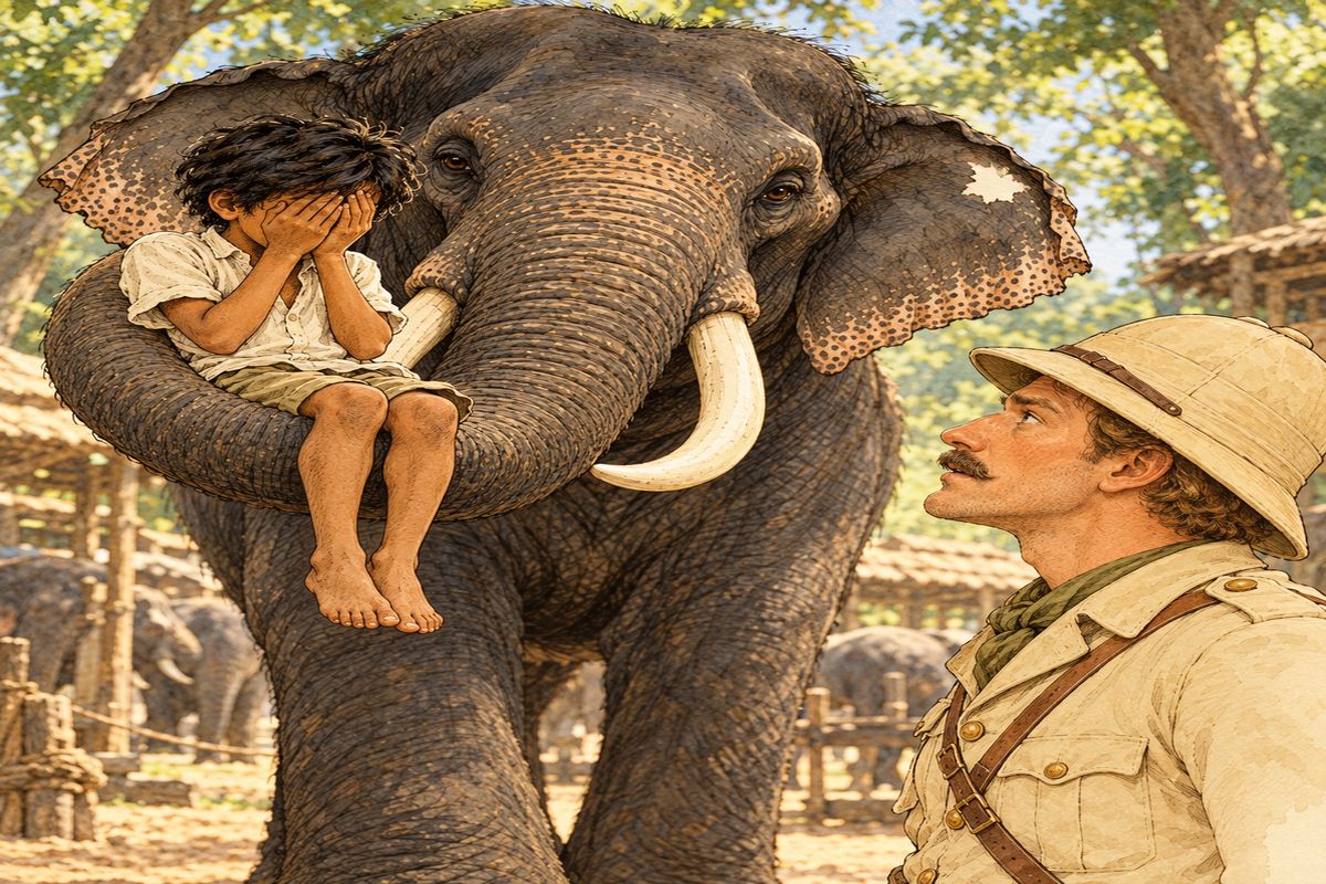 “He throw a rope? He is smaller than a picket-pin. Little one, what is thy name?” said Petersen Sahib. Little Toomai was too frightened to speak, but Kala Nag was behind him, and Toomai made a sign with his hand, and the elephant caught him up in his trunk and held him level with Pudmini’s forehead, in front of the great Petersen Sahib. Then Little Toomai