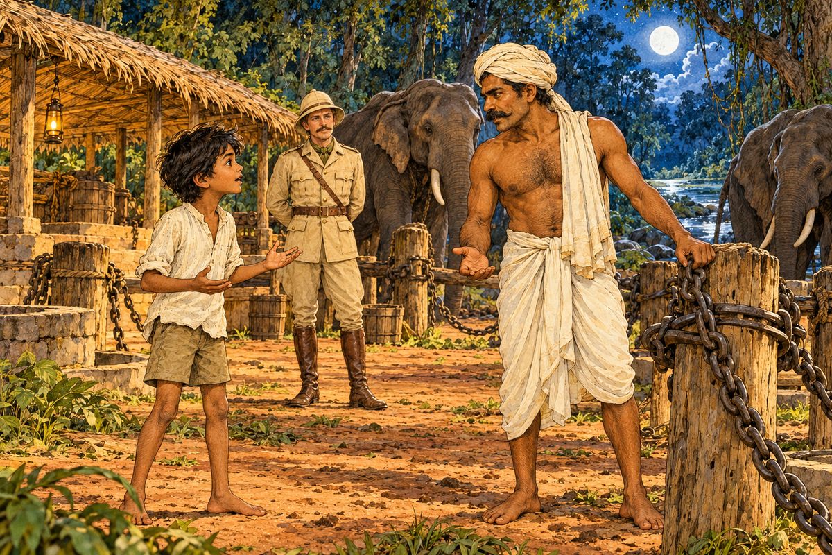 “What will they do?” Little Toomai called out. “Ohe, little one. Art thou there? Well, I will tell thee, for thou hast a cool head. They will dance, and it behooves thy father, who has swept all the hills of all the elephants, to double-chain his pickets to-night.” “What talk is this?” said Big Toomai. “For forty years, father and son, we have tended