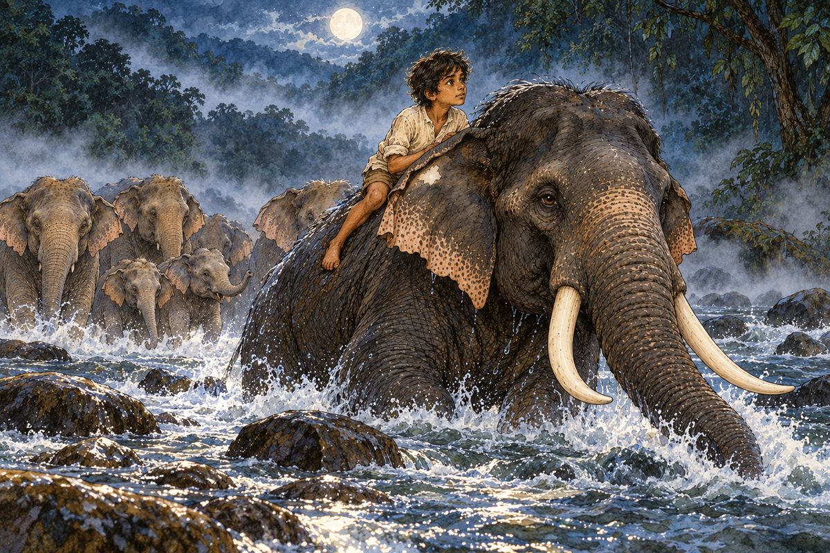 The grass began to get squashy, and Kala Nag’s feet sucked and squelched as he put them down, and the night mist at the bottom of the valley chilled Little Toomai. There was a splash and a trample, and the rush of running water, and Kala Nag strode through the bed of…