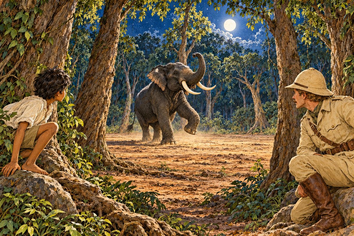 Elephant-dance At last Kala Nag stood still between two tree-trunks at the very top of the hill. They were part of a circle of trees that grew round an irregular space of some three or four acres, and in all that space, as Little Toomai could see, the ground had been trampled…