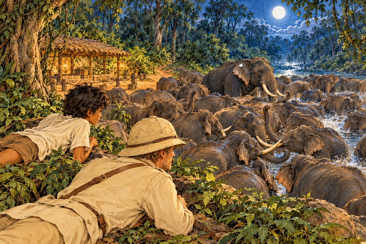 Little Toomai looked down upon scores and scores of broad backs. Still lying down, Little Toomai looked down upon scores and scores of broad backs, and wagging ears, and tossing trunks, and little rolling eyes.