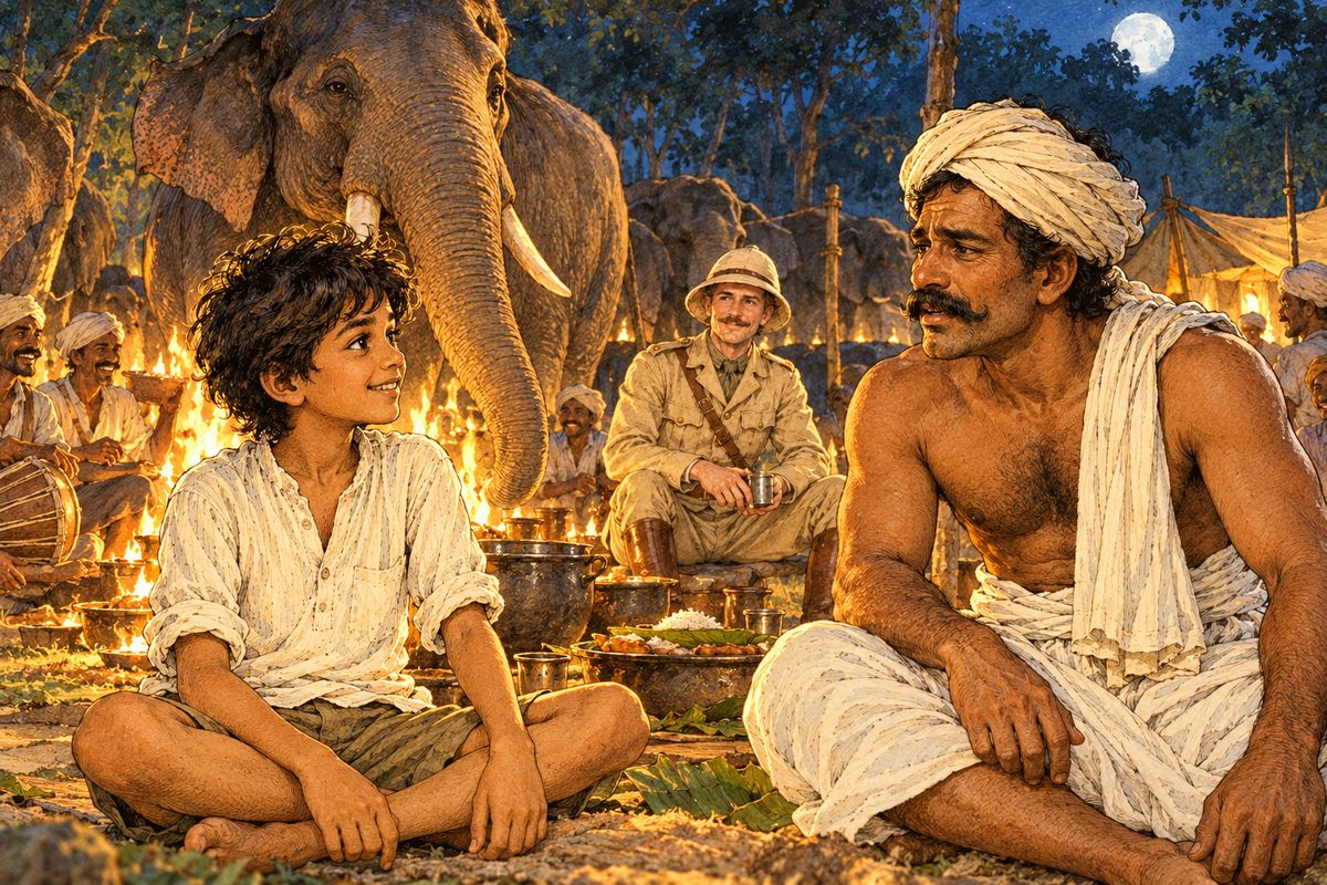Toomai of the elephants Big Toomai had come up hotfoot from the camp in the plains to search for his son and his elephant, and now that he had found them he looked at them as though he were afraid of them both. And there was a feast by the blazing campfires…