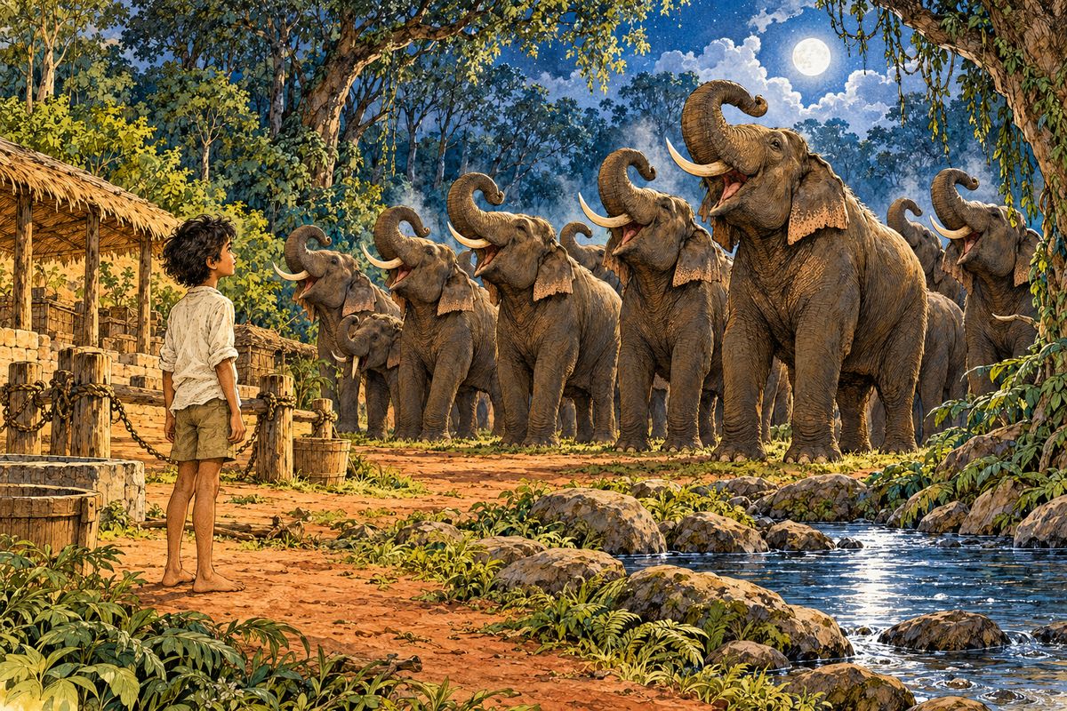 And at that last wild yell the whole line flung up their trunks till the tips touched their foreheads, and broke out into the full salute—the crashing trumpet-peal that only the Viceroy of India hears, the Salaamut of the Keddah. But it was all for the sake of Little Toomai, who had…