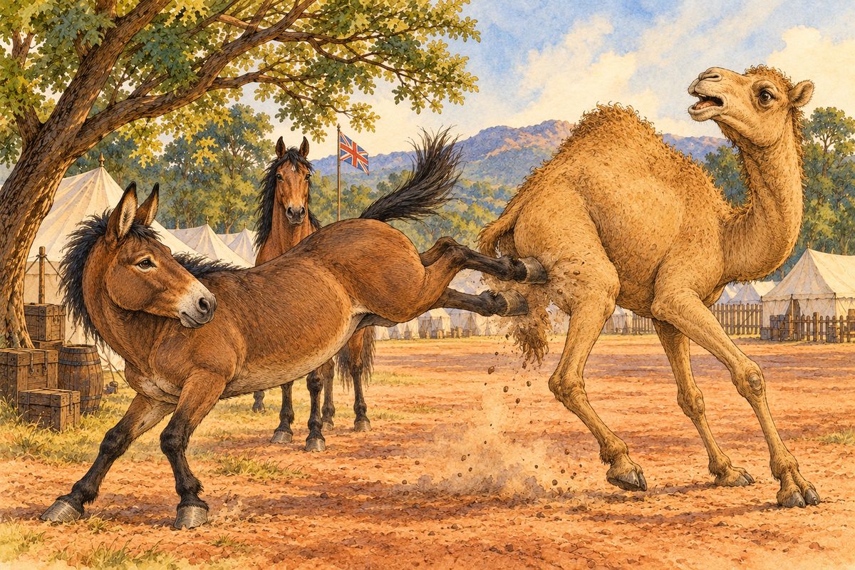 “Oh, it was you,” said the mule, “you and your friends, that have been disturbing the camp? All right. You’ll be beaten for this in the morning. But I may as well give you something on account now.” I heard the harness jingle as the mule backed and caught the camel two kicks in the ribs that rang like a drum. “Another time,” he said, “you’ll know better