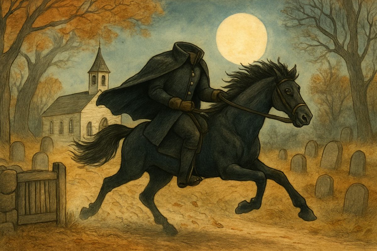 Each night the headless ghost galloped out of the churchyard like a midnight wind, riding off to the old battlefield to hunt for his lost head, and racing back before daybreak. At every fireside in the region he was known as the Headless Horseman of Sleepy Hollow.