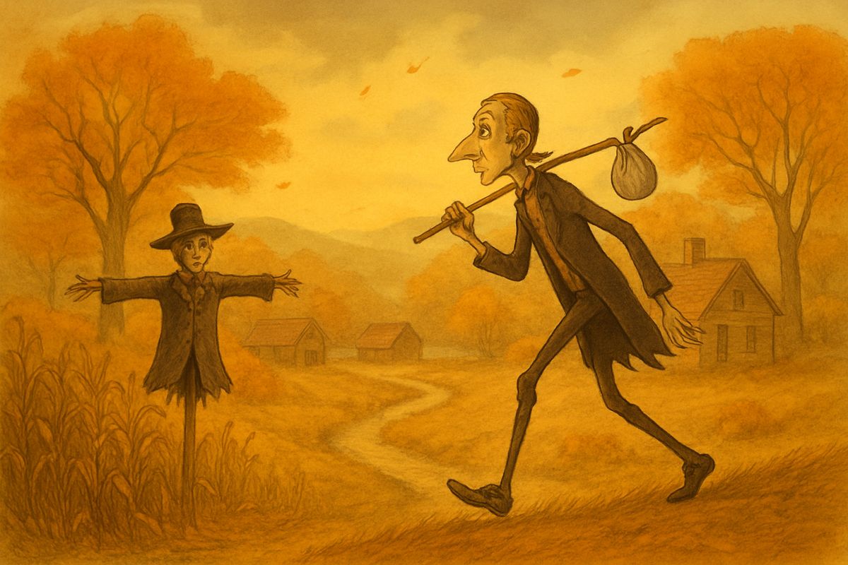 Into this drowsy valley came Ichabod Crane of Connecticut to teach the children. He was tall and lank, with dangling hands, huge ears and a long snipe nose, and he looked like a scarecrow escaped from a cornfield.