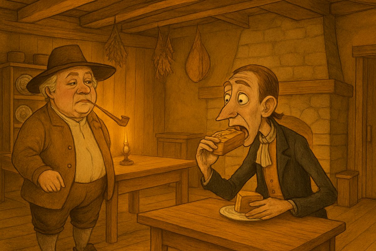 In his log schoolhouse the pupils droned their lessons like a beehive, while the birch rod waited for any tardy loiterer. Ichabod lodged a week at a time with each farmer and ate with the appetite of an anaconda.