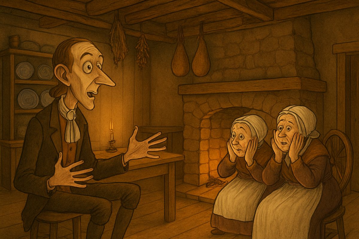 On long winter evenings Ichabod sat with the old Dutch wives by the crackling fire. They told of haunted bridges and the Headless Horseman. He frightened them woefully by declaring that the world turned round, so they spent half their lives topsy-turvy!