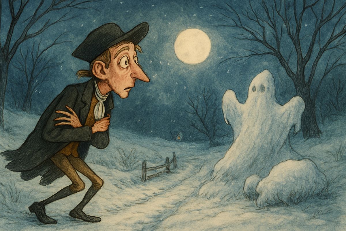 But he paid dearly for that pleasure on his walk home through the snowy dark. Every shrub looked like a sheeted spectre, and when a blast howled through the trees, he was sure it was the Galloping Hessian out on his nightly ride.