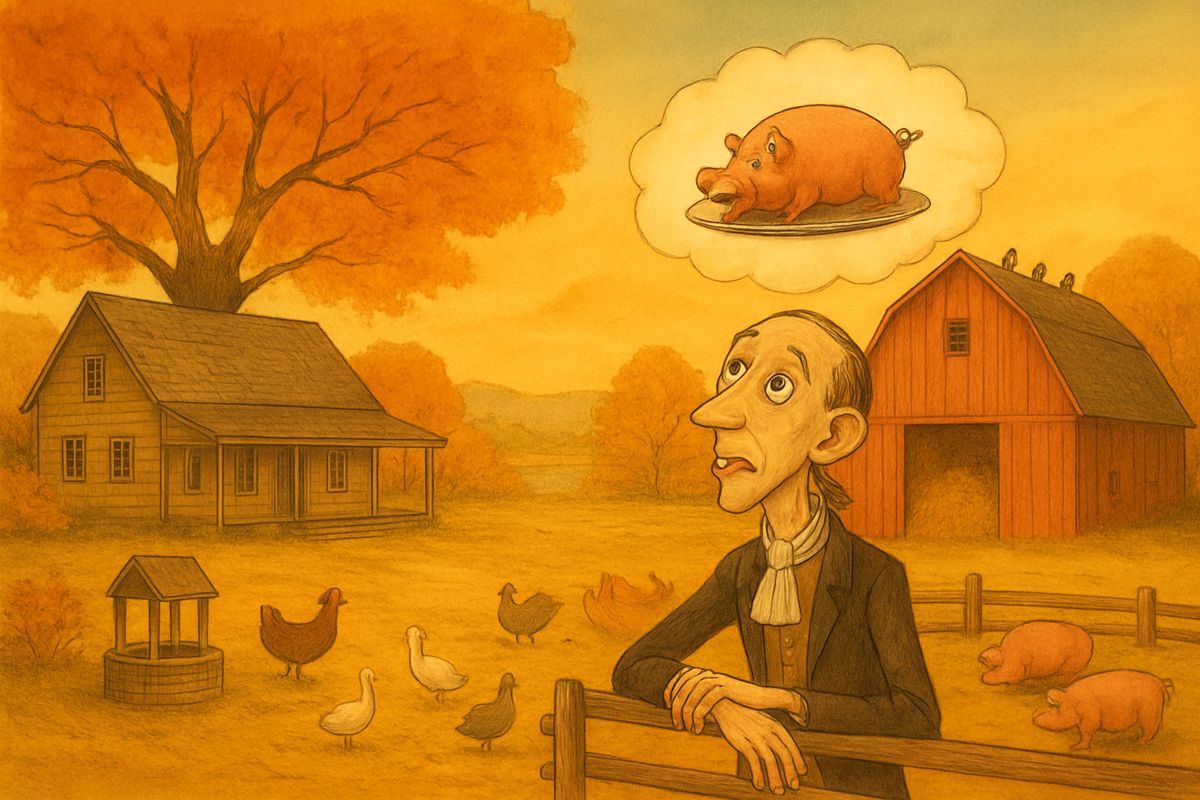 When Ichabod visited her father's farm by the Hudson, his mouth watered. The barn was big as a church, and in his mind's eye every pig ran about with an apple in its mouth. "What a feast!" he sighed.
