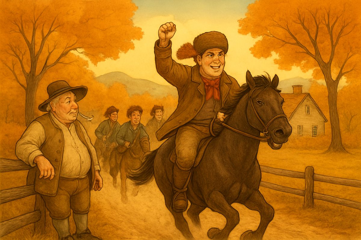 Katrina's most fearsome admirer was Abraham Van Brunt, called Brom Bones: a big, roaring local hero who rode like a Tartar. When his fur cap with its fox's tail came galloping by, folk stood back. "Ay, there goes Brom Bones and his gang!"
