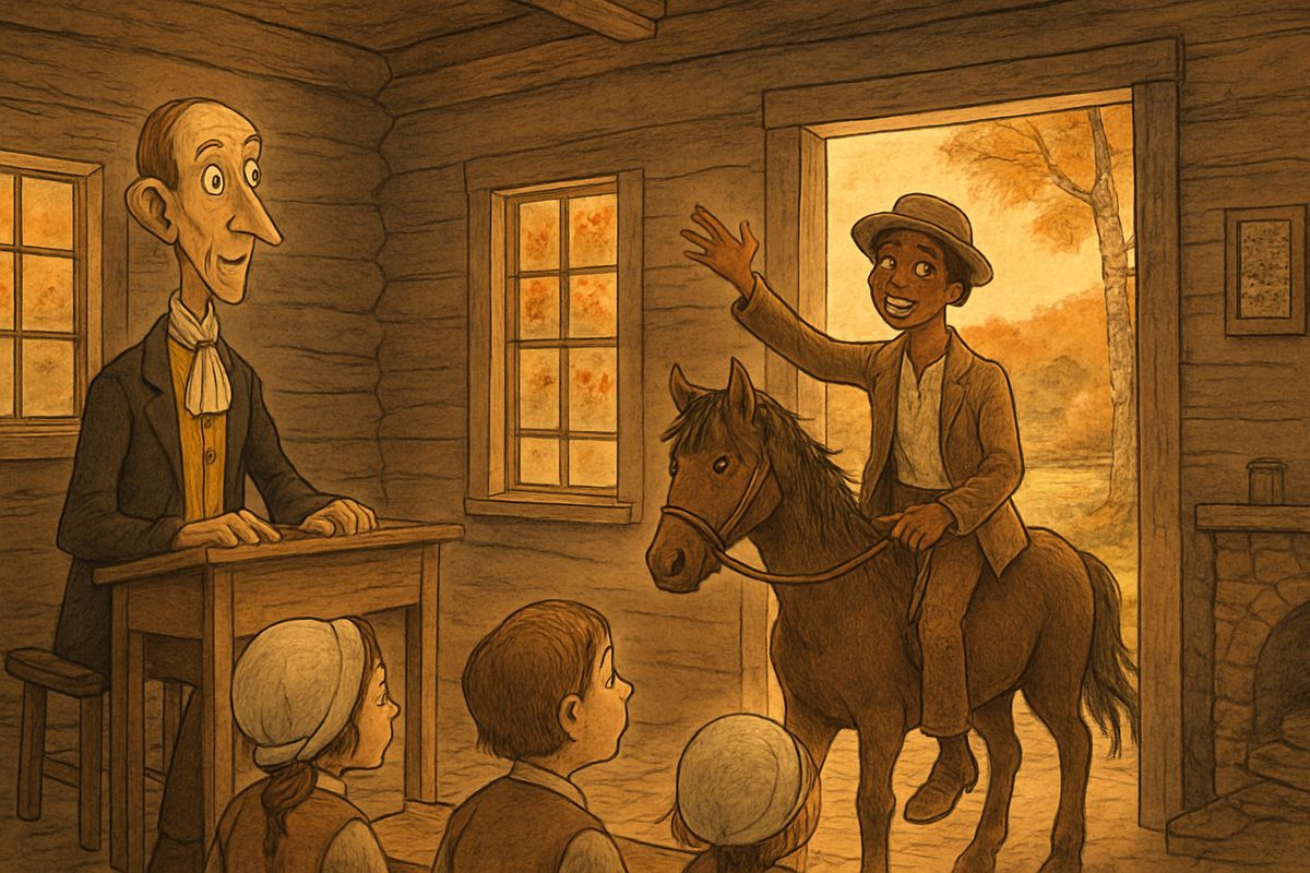 One fine autumn afternoon a messenger came clattering up to the schoolhouse on a wild, half-broken colt. He brought an invitation to a quilting frolic that very evening at Mynheer Van Tassel's! Ichabod let the whole school out an hour early.