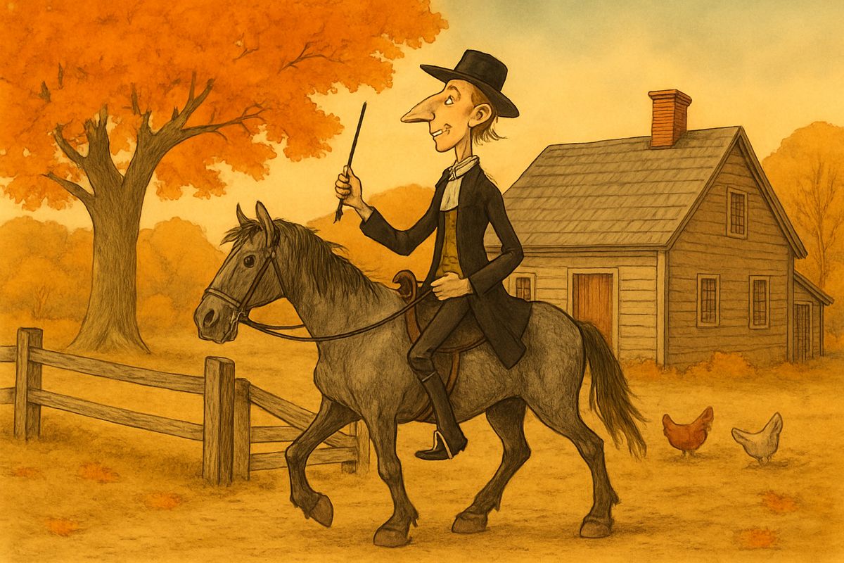 Ichabod brushed his one rusty black suit, then borrowed Gunpowder from his cranky landlord, Hans Van Ripper. Gunpowder was a bony old plow horse with one blind eye and a wicked gleam in the other. Ichabod rode out with his elbows flapping like wings.