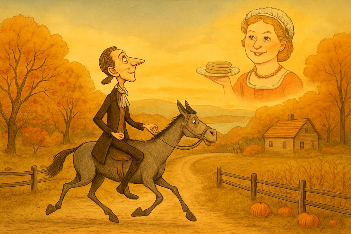 Through the golden autumn country he jogged, past orchards full of apples, fields of ripe corn and fat yellow pumpkins, while the sun sank over the Tappan Zee. Every sight made him dream of cakes, pies and buttery slapjacks with honey, served by Katrina Van Tassel's own dimpled little hand.