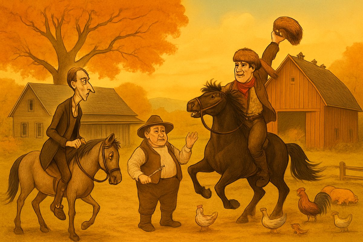 Toward evening Ichabod reached the Van Tassel farm, where the whole countryside had gathered in their best. But the hero of the scene was Brom Bones, who had come on his steed Daredevil, a creature as full of mettle and mischief as himself.