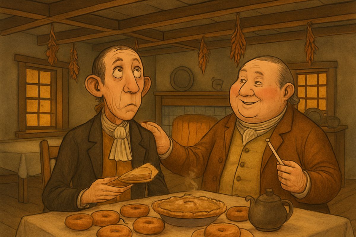 Inside, Ichabod forgot the pretty lasses for a greater charm: a genuine Dutch tea-table heaped with cakes, pies and ham. Old Baltus urged everyone to "fall to, and help themselves," and Ichabod dreamed of the day he might be lord of it all.