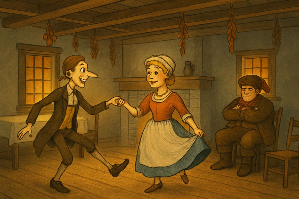 Then the old grey-headed fiddler struck up. Ichabod danced as if every limb had a life of its own, whirling Katrina round the floor as she smiled at his every glance, while Brom Bones sat brooding in a corner, sick with love and jealousy.