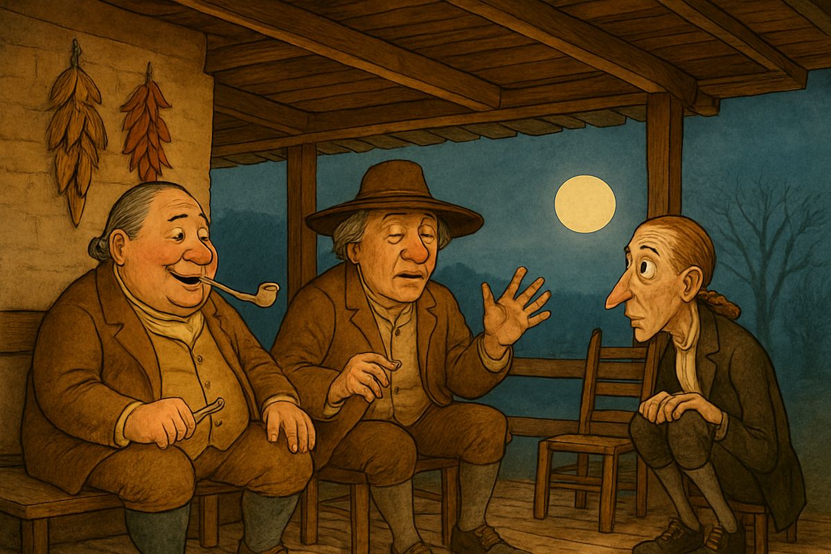 Later the old farmers smoked on the piazza, and each swore he had nearly won the war single-handed. Soon the talk turned to ghosts, above all the Headless Horseman, who tied his horse among the churchyard graves and haunted the dark church bridge.