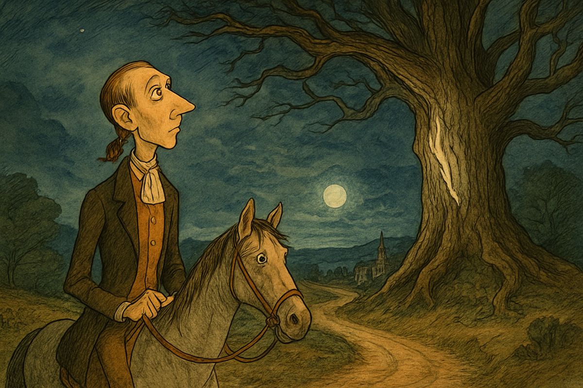 At the witching hour Ichabod rode home alone, every ghost story from the evening crowding into his head. At Major André's great tulip-tree, a white shape hung among the branches and something groaned. It was only a lightning scar and two boughs rubbing together.