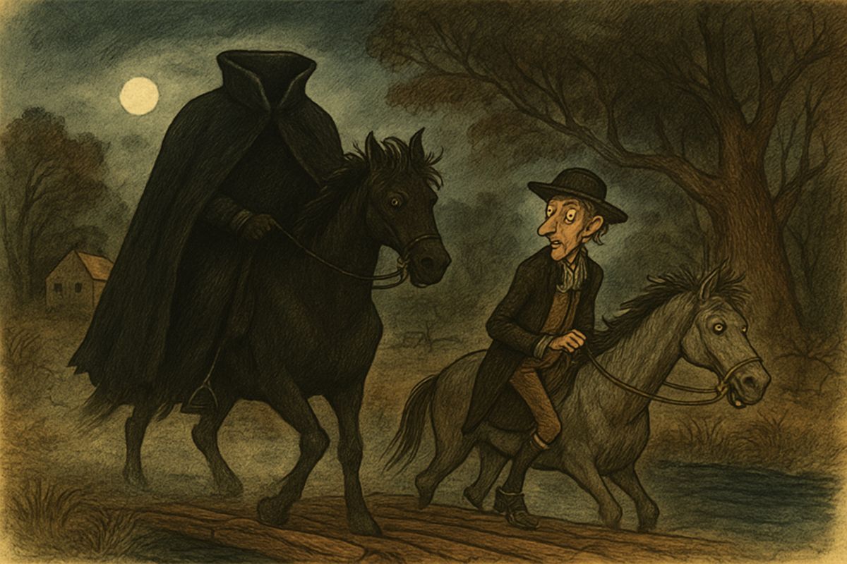 At the log bridge over Wiley's Swamp, Gunpowder balked and stopped dead. Then out of the black shadows came a giant cloaked rider on a powerful black horse. "Who are you?" Ichabod stammered. No answer came. The stranger just rode beside him in silence.