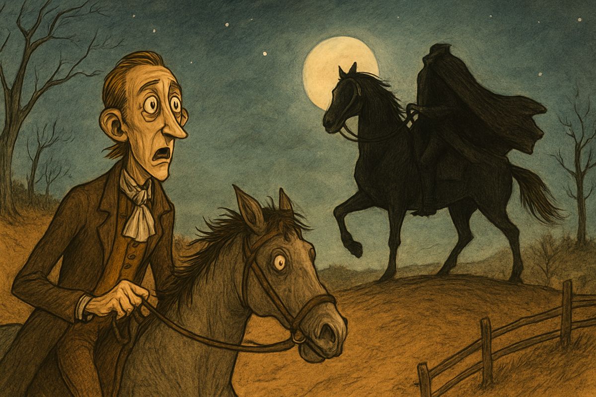 Ichabod spurred Gunpowder, and the silent stranger kept pace. He slowed, and the stranger slowed too. Then they topped a rise, and the rider stood out black against the sky. Ichabod's blood ran cold. The horseman had no head, and he carried it on the front of his saddle!