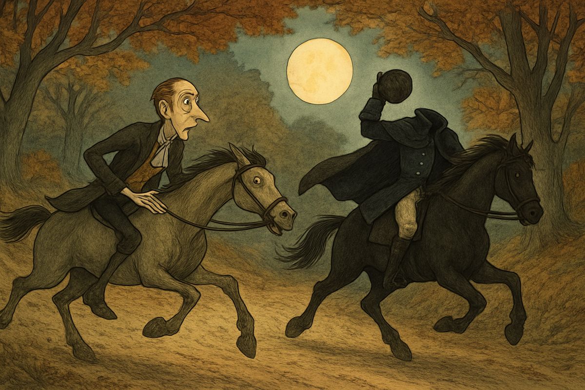 Away they tore, stones flying and sparks flashing! Gunpowder plunged down into the sandy hollow, and halfway through, the saddle girths snapped. Ichabod flung his arms round the horse's neck as Hans Van Ripper's Sunday saddle fell and was trampled under the goblin's hooves.