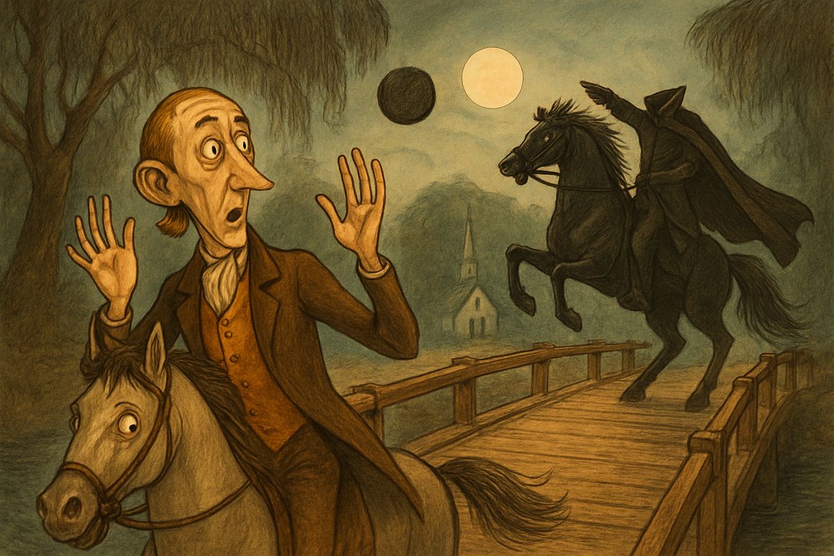 "If I can but reach that bridge, I am safe!" thought Ichabod. Gunpowder thundered over the planks. Ichabod glanced back, and saw the goblin rise in his stirrups and hurl his head. It struck with a crash, and Ichabod tumbled headlong into the dust.
