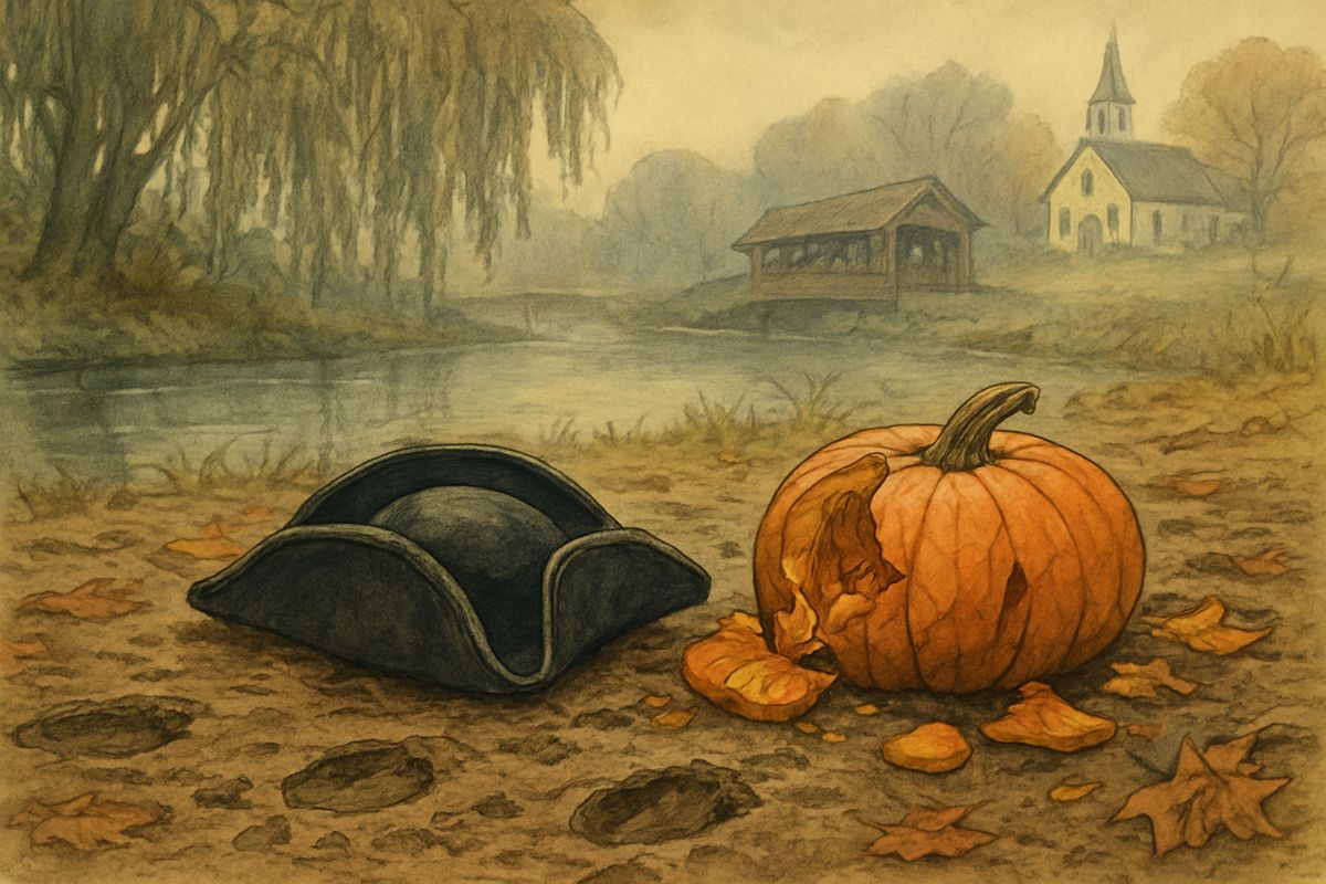 The searchers followed furious hoofprints to the church bridge. On the bank beyond, they found Ichabod's hat and a shattered pumpkin, but no Ichabod. The gossips decided that the Galloping Hessian had carried him off, and folk soon said his empty schoolhouse was haunted.
