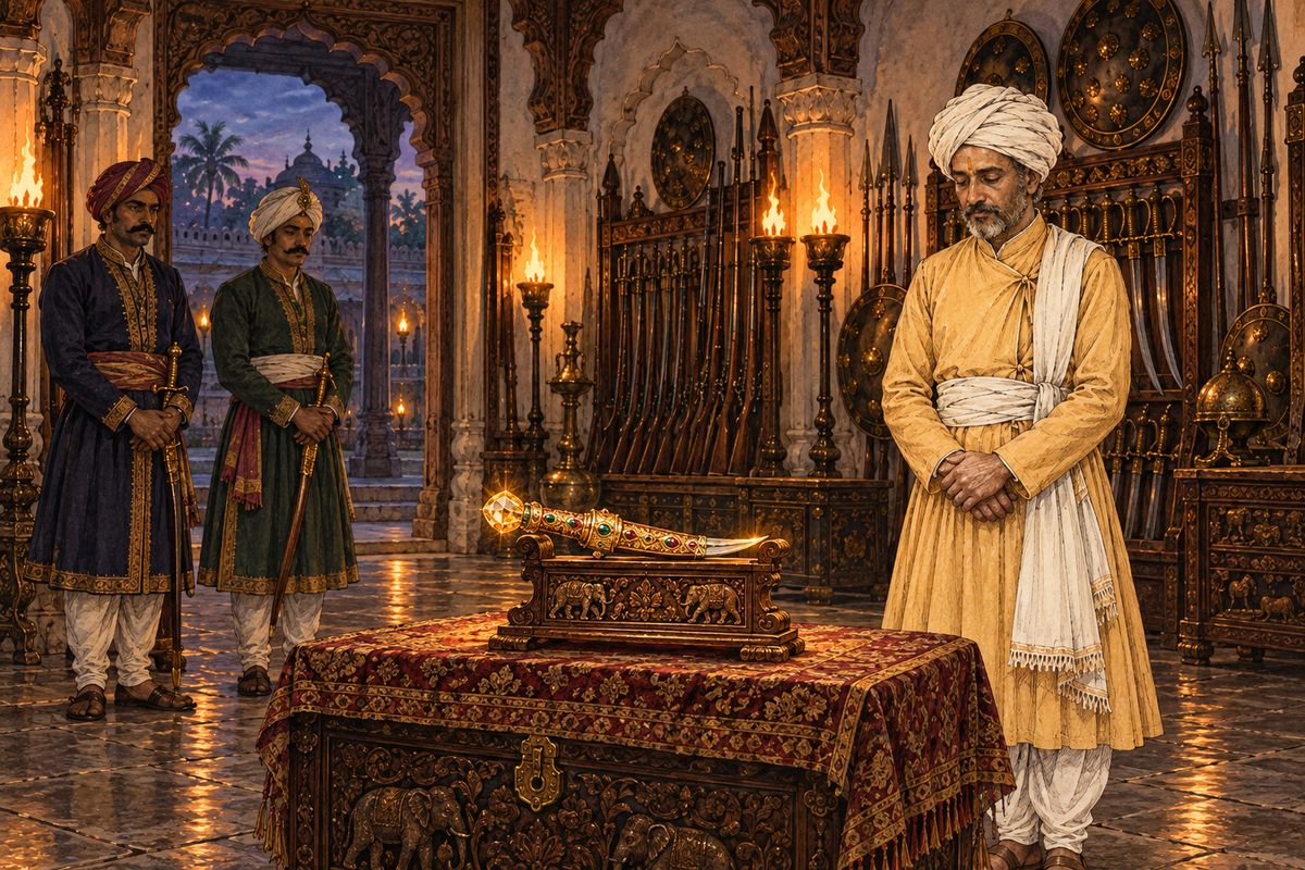 For centuries the gem passed from one conqueror to the next, and the priests' successors followed it in disguise, carrying its curse along. At last it reached Tippoo, Sultan of Seringapatam, who had it set in the handle of a dagger. Even in his palace, rumour said, three trusted officers of his household were the guardian priests, still keeping watch in secret.