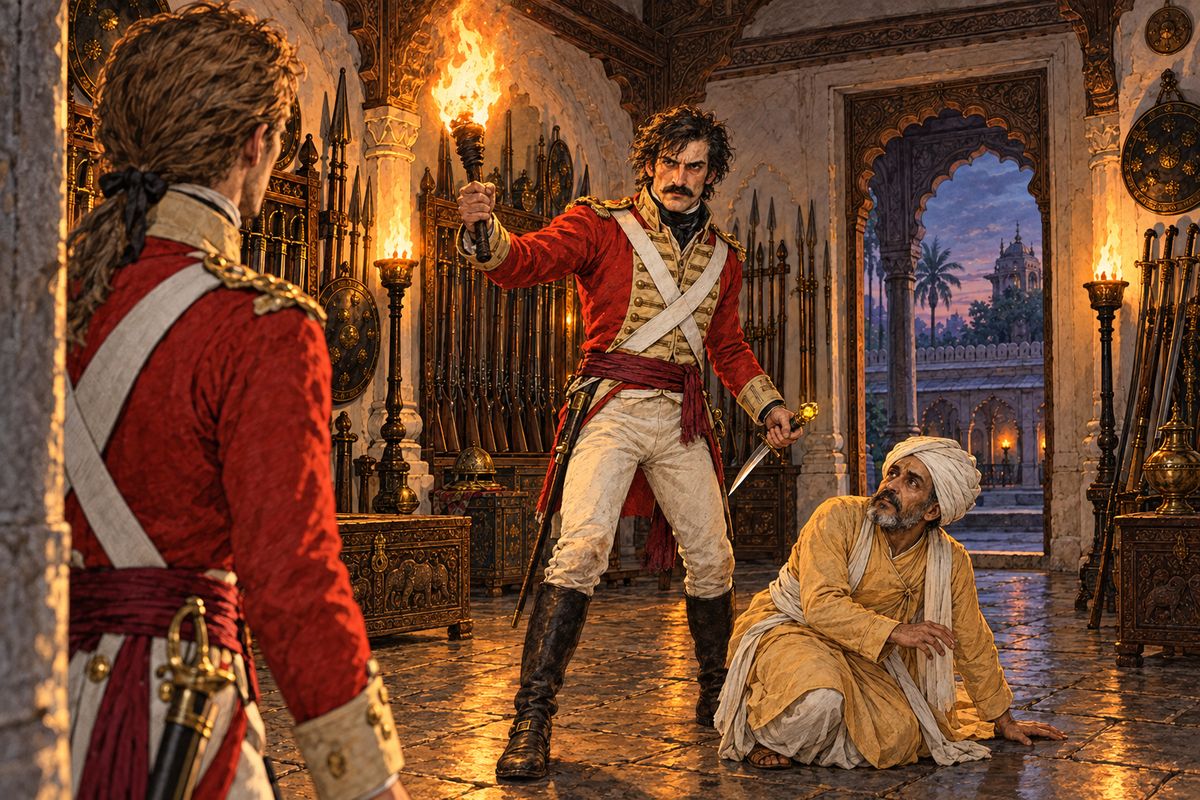 I ran towards the cries and found two Indians, officers of the palace, lying dead across an open doorway. Inside the armoury a third man was sinking at someone's feet. The man turned, and I saw it was John Herncastle, a torch in one hand and a bloody dagger in the other. The stone in its hilt flashed like fire.