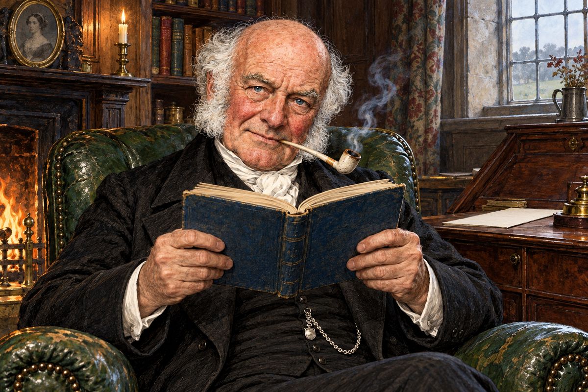 Betteredge protested modestly that he wasn't up to the task, while privately thinking himself quite clever enough, then sat helpless at his desk for two hours. So he did what he always did when in doubt: lit his pipe and opened Robinson Crusoe, which only the day before had warned him of the folly of beginning a work before counting the cost.