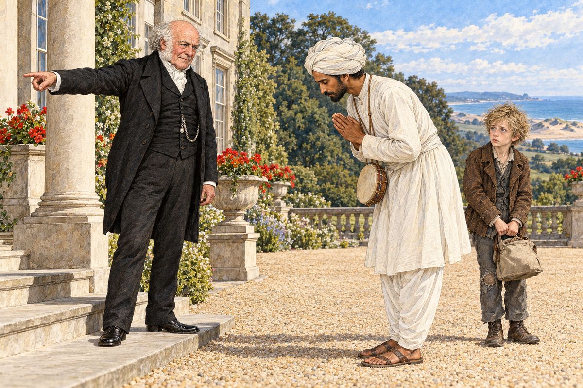 On the Thursday afternoon, while the ladies were out, three Indian travelling conjurors with small hand-drums arrived on the terrace, along with a pale English boy carrying their bag, and asked to perform for the lady of the house. Remembering the silver plate-basket left out on the pantry table, Betteredge sent them away. Their courteous leader answered with a beautiful bow.