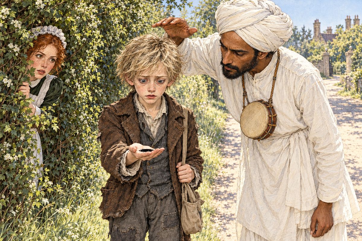 Penelope, hidden behind the roadside hedge, watched the leader pour ink into the boy's palm until he went rigid, staring into it. Asked whether the English gentleman was on the road to this house and had It about him, the boy answered "Yes." Betteredge laughed it off as rehearsed hocus-pocus, but later that day Franklin took it seriously: he believed 'It' meant the Moonstone.