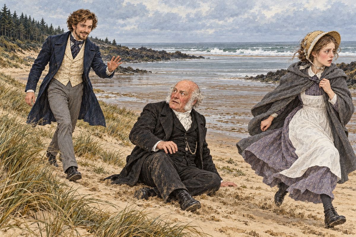 As the sand began to shiver, Rosanna whispered that she thought her grave was waiting for her there. Then a voice called from the sandhills: it was Mr. Franklin Blake, four hours before he was expected. Rosanna's face turned a deep, beautiful red, and she fled without a curtsey or a word.