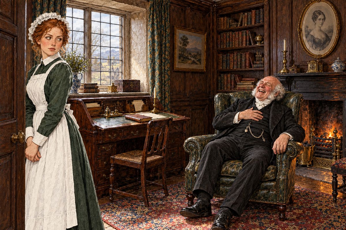 Betteredge put off his daughter's questions, and later his mistress's, with made-up answers. But Penelope said Rosanna had come home merry and tearful by turns, asking endless questions about Mr. Franklin. “Father, Rosanna has fallen in love with Mr. Franklin Blake at first sight!” Betteredge laughed till he cried, and Penelope gently called him cruel.