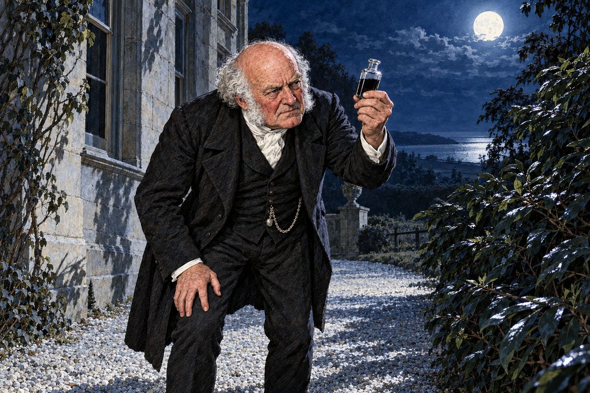 Near midnight, while locking up, Betteredge saw a shadow on the moonlit gravel, and light feet hurried away into the shrubbery. He and Samuel the footman searched the grounds and found no one. All they found was a small bottle of thick, sweet-smelling liquid as black as ink. Betteredge thought at once of the Indians, and the ink they had poured into the boy's hand.