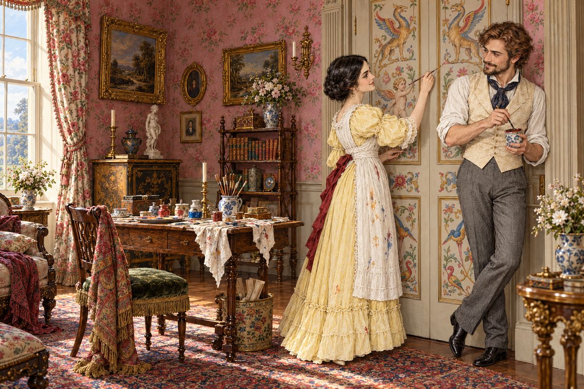 The Indians did not come back in the weeks before Miss Rachel's birthday, so Mr. Franklin found her something to do. He invented a paint 'vehicle' that stank so badly the dogs sneezed, put an apron on her, and the two of them spent every spare hour together decorating the door of her boudoir with griffins and cupids.