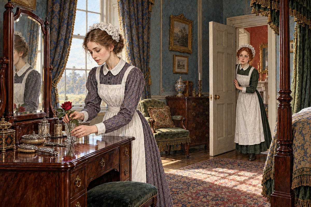 The second housemaid puzzled us more than ever. Rosanna quietly kept putting herself in Mr. Franklin's way, and he never noticed her. One morning Penelope caught her at his dressing-table, taking out the rose Miss Rachel had given him and putting one of her own in its place. We hushed it up.